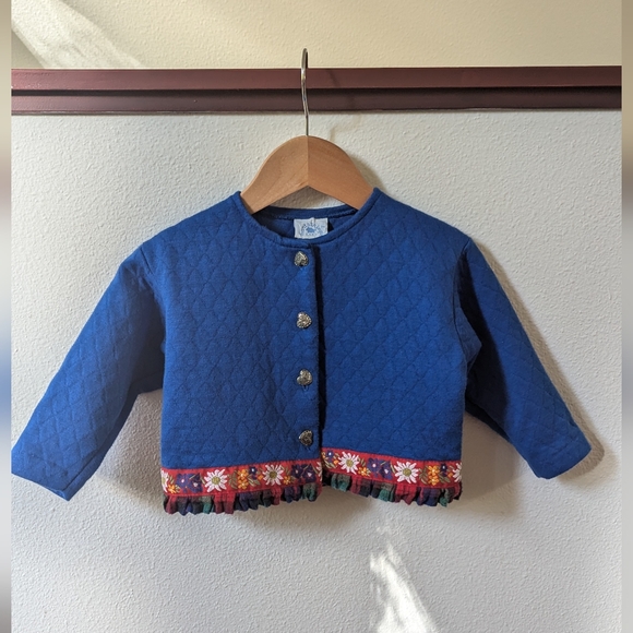 Vintage Blue Jacket With Plaid Trim, Silver Heart Buttons, Size 24 Months - Picture 1 of 7